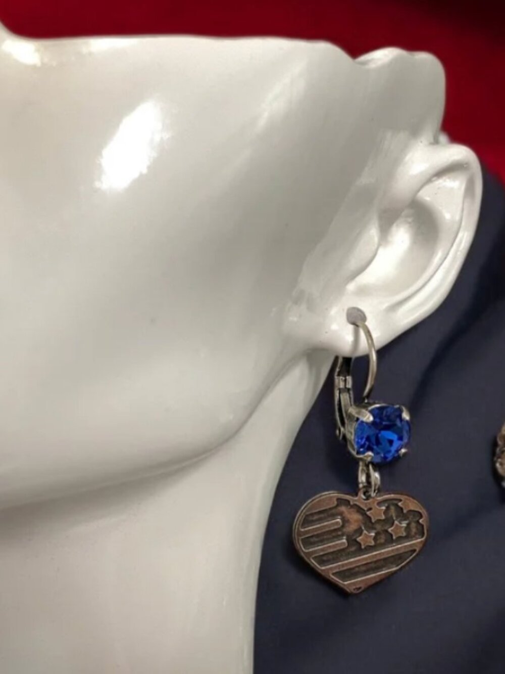 American Flag Heart Crystal Dangle Earrings